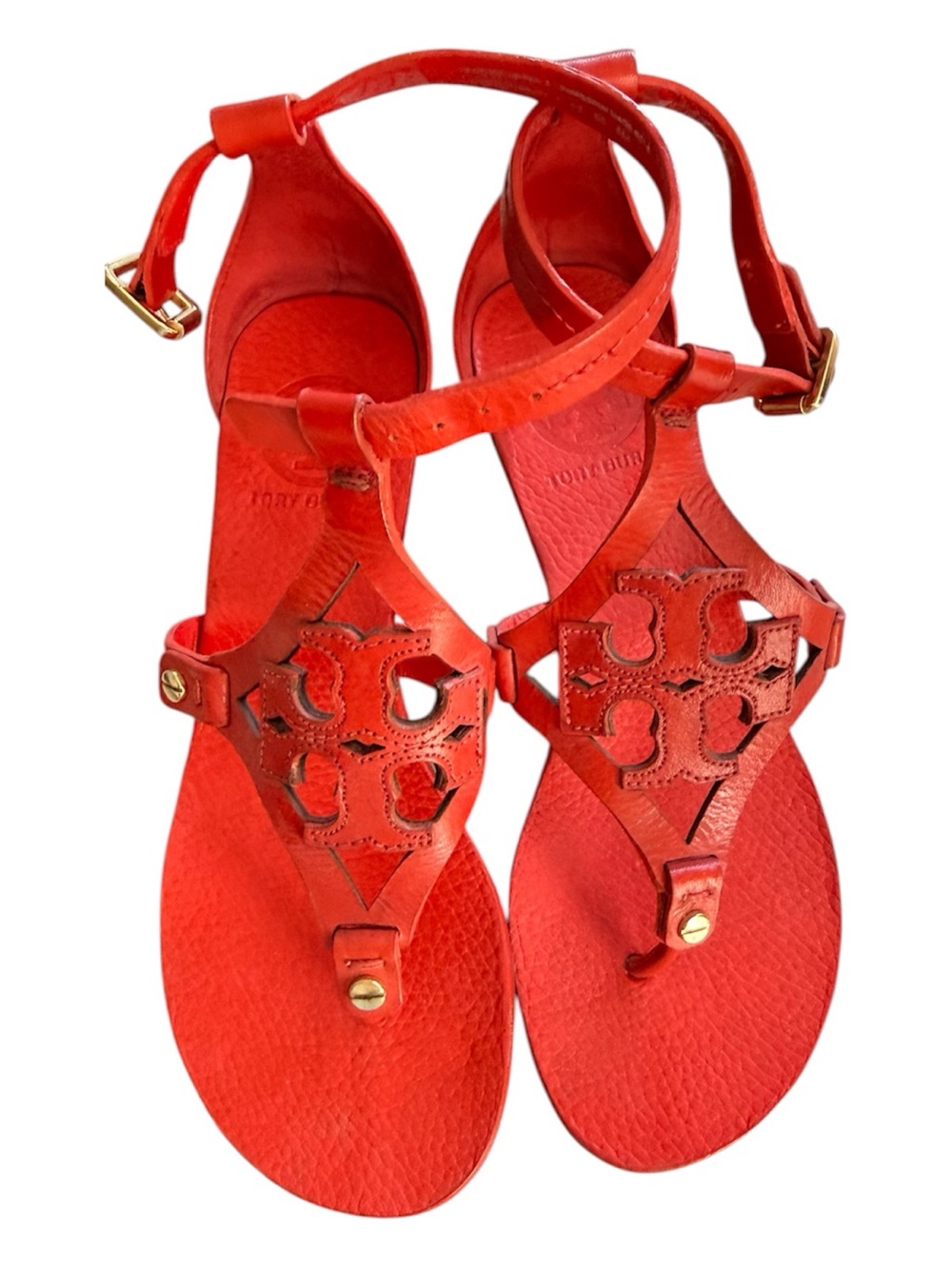 Tory Burch Miller Logo Buckle Wedge Red Leather Sandals Women’s Size 5 Strappy